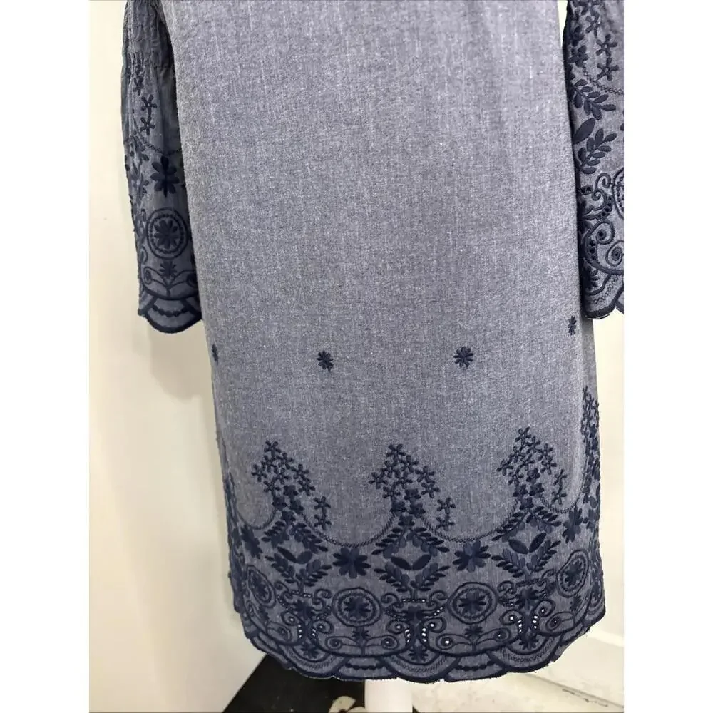 Eliza J Blue Chambray Embroidered 6 Bell Sleeve Boat Neck Mini‎ Dress NWOT